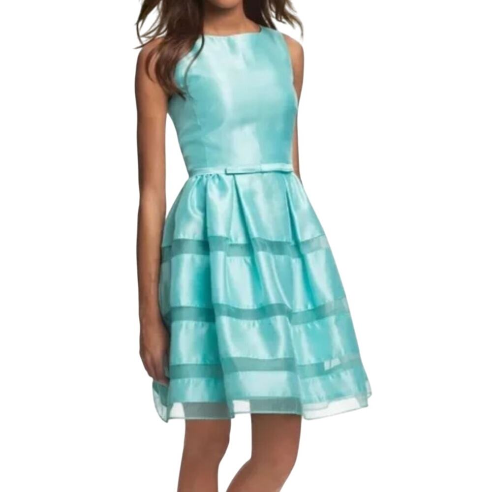 Taylor Dress Womens 10 Aqua Blue Satin Sleeveless Sheer V Back Party‎ Classic